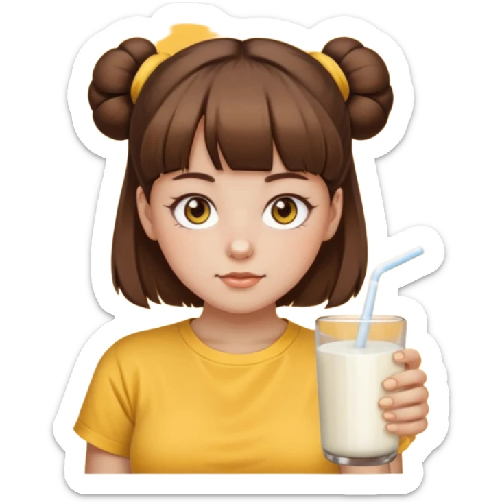 beautiful girl with brown hair with twin buns style, straight bangs, yellow eyes, milk brown tshirt, white skin, her body is a little fat  sticker