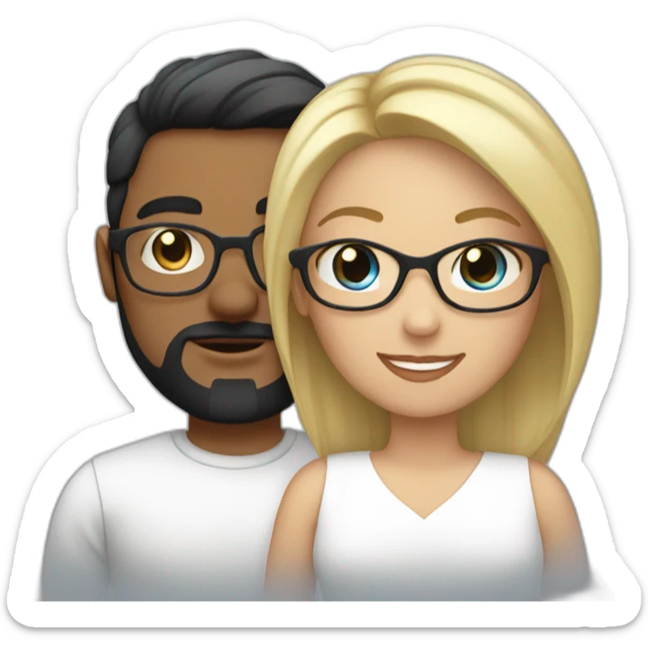 Couple in love. She has blue eyes, dark hair and wears glasses. He has short blond hair, three day beard and wears glasses sticker