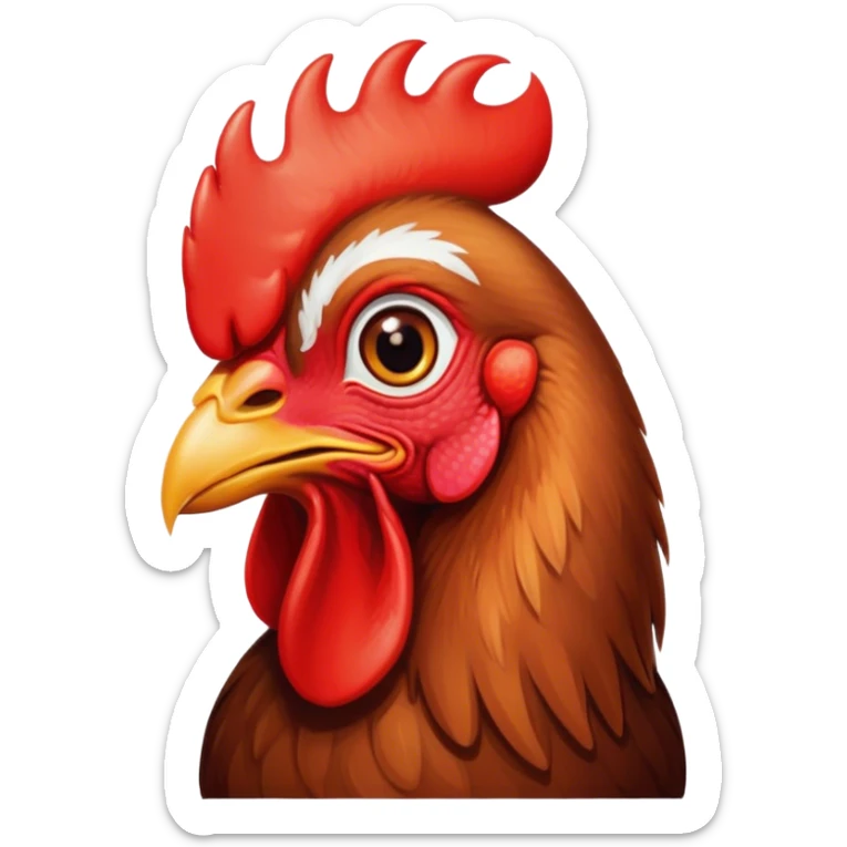 Cinematic Cute Brown Rooster Portrait Emoji, Head tilted playfully and inquisitively, featuring a glossy, immaculate brown plumage with a vibrant red comb, round, sparkling warm eyes filled with curiosity, Simplified yet irresistibly adorable features, highly detailed, glowing with a warm, friendly glow, high shine, affectionate and spirited, stylized with a touch of farmyard whimsy, bright and endearing, soft glowing outline, capturing the essence of a mischievous yet loving rooster, so playful it feels like it could strut out of the screen and into your arms! sticker