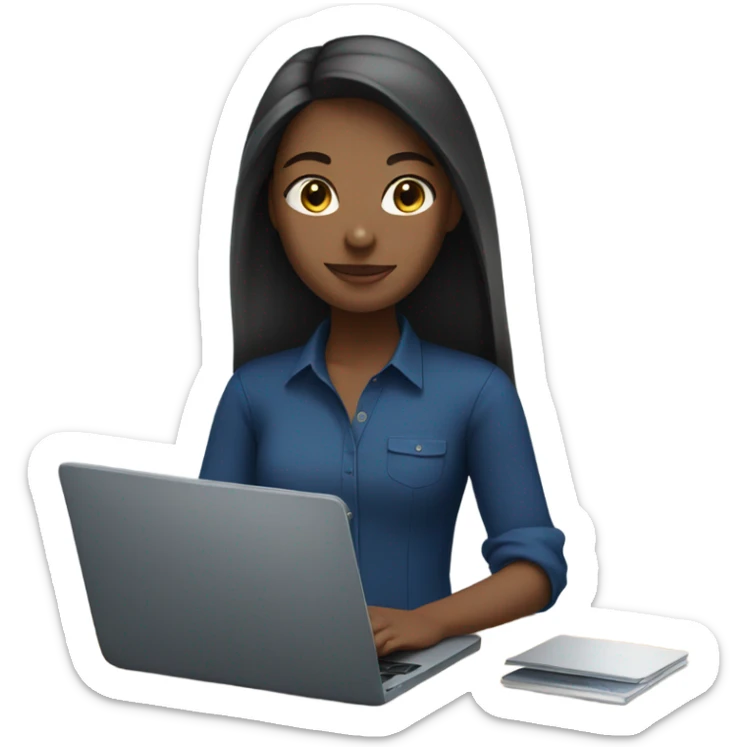 Girl IN DARK BLU SHIRT working with a laptop, NO PONY TAIL, STRAIGHT HAIR sticker