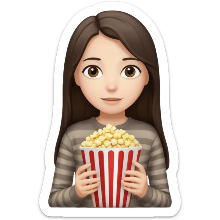 girl with dark brown straight long hair, striped light brown sweater, gray eyes, holding popcorn in her hands sticker