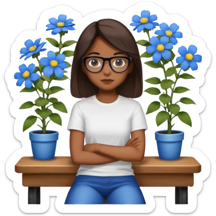 Créame una chica morena de pelo más o menos por los hombros con granitos en la cara y unas gafas negras, que esté sentado en una silla de bar con una camisa blanca con florecitas azules sticker