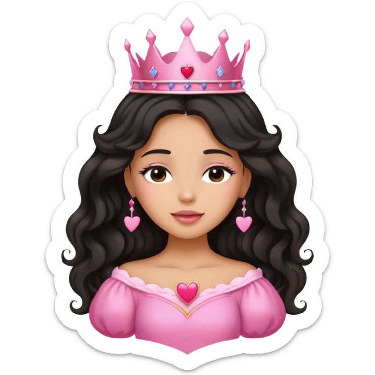 Very tanned princess, with long black wavy hair and a crown, a pink princess Outfit. In love with hearts. With Closed Eyes. sticker
