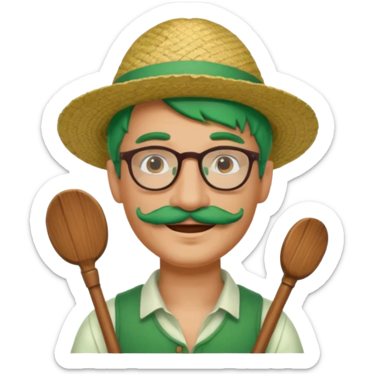 venice gondolier with green hair, iconic hat, normal glassess and mustache sticker