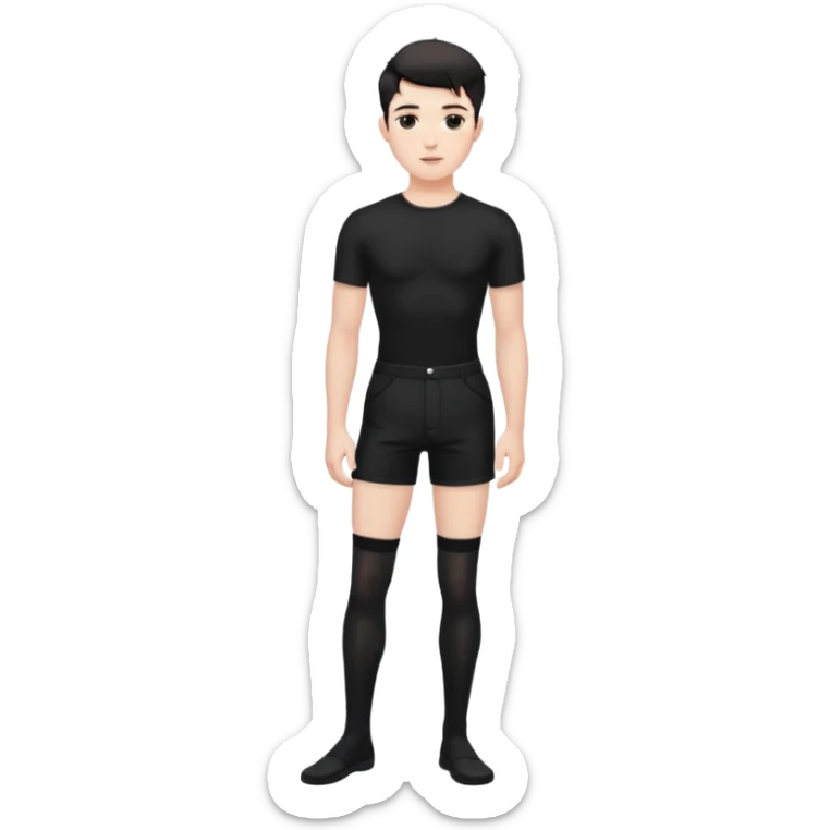 Male in his 20s, clean shaven, feminine look, wearing black thigh highs, black crops, black feminine shorts, is a femboy.   sticker