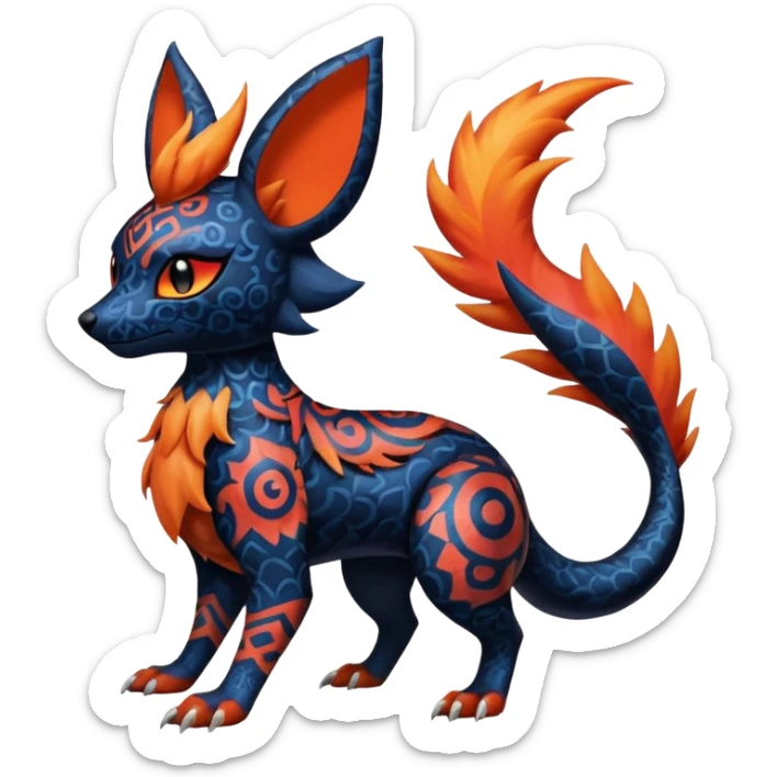 
Canine-Litten-Amaura-Salandit-Noibat-Flareon-Fakémon-fusion (full body) with intricate patterns sticker