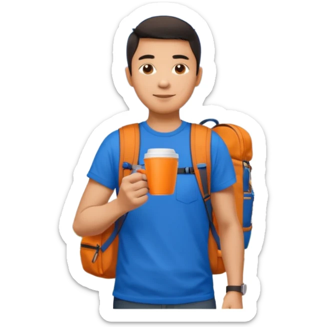 an asian man in blue t-shirt with orange cup of coffee and backpack on the back. Eiffel tower on the background sticker