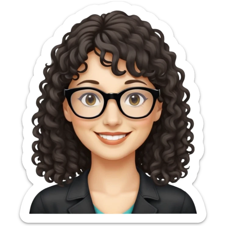 nữ 35 tuổi, da trắng, tóc dài xoăn, tóc mái 1/3, đeo kính đen, cười tươi, có chút nếp nhăn sticker