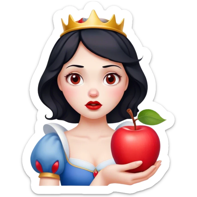 Cinematic Funny Snow White Portrait Emoji, Holding an apple with a suspicious expression, one eyebrow raised, lips pursed as if questioning her life choices, a hilariously relatable fairy tale moment! sticker