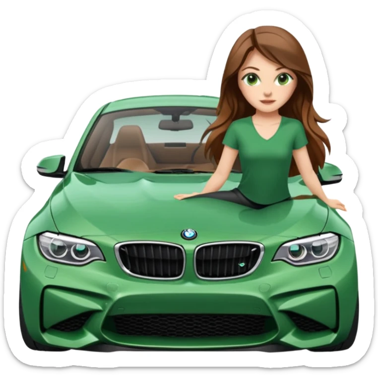 Beautiful Caucasian girl realistic with green eyes and long brown hair straddling splits on the hood of BMW M2 car sticker