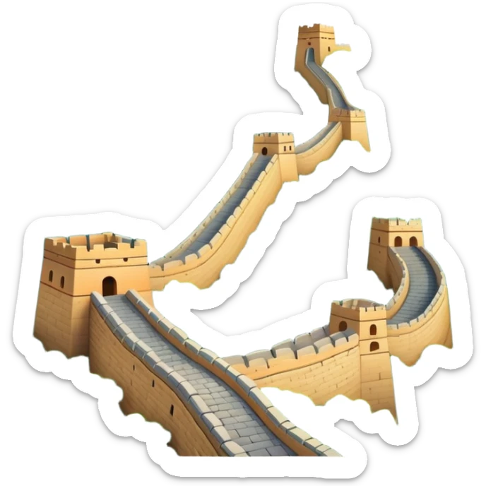 Great Wall of China, simplified emoji style with bold outlines and bright colors, cartoon style ancient wall on mountains sticker