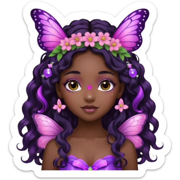 Black girl fairy with long wavy black hair, pink and purple red butterfly wings sparkly sticker