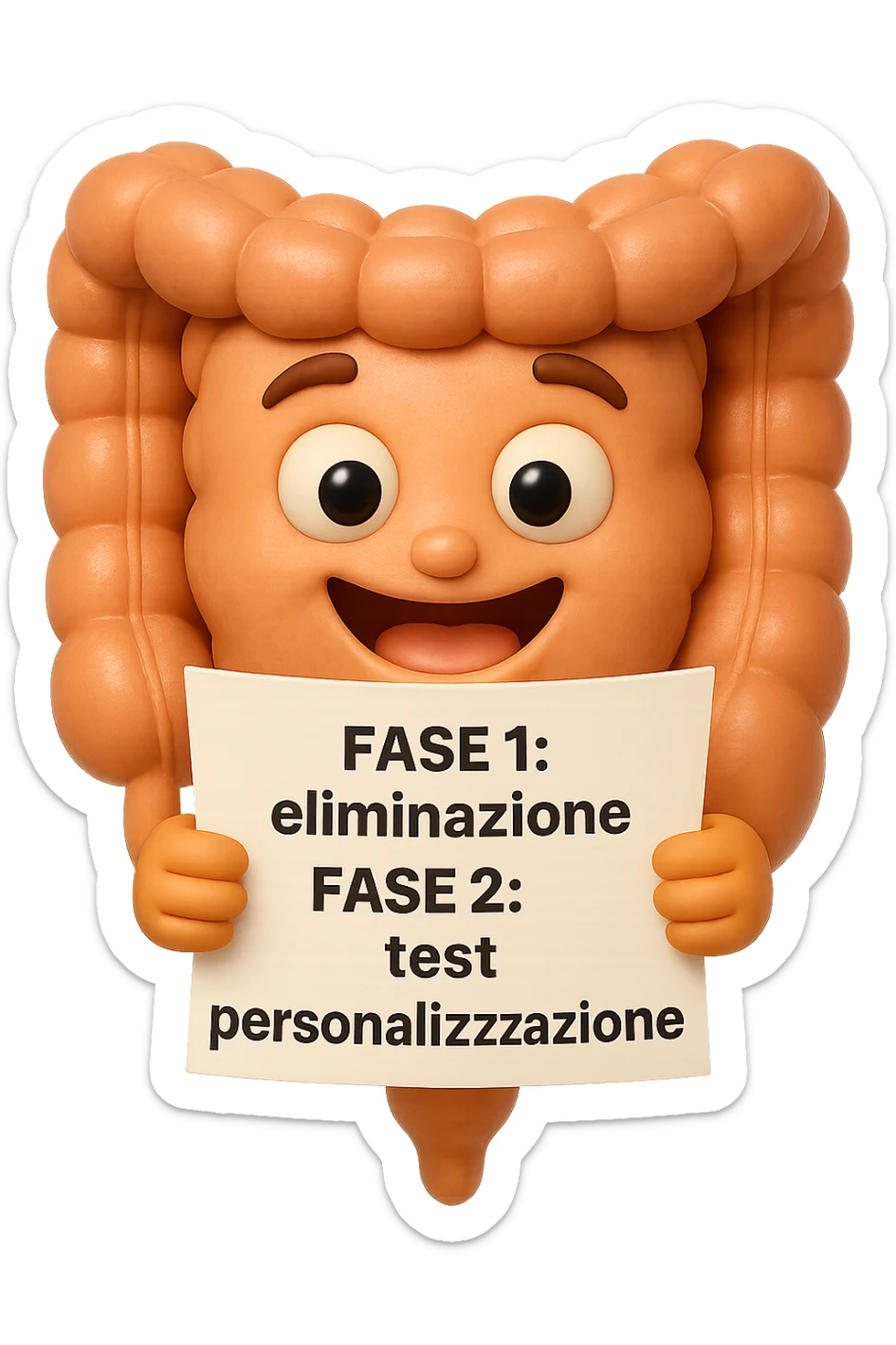 emoji stile iphone 3d di un intestino che tiene in mano un foglio con la scritta "FASE 1: eliminazione, FASE 2: test, FASE 3: personalizzazione, IPERREALISTICO 4K sticker