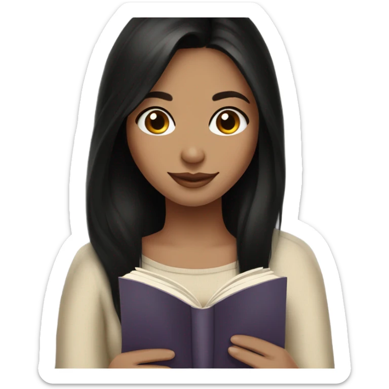Brunette girl, black straight hair, cozy with tea and book sticker