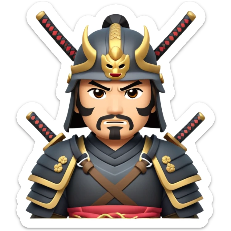 clash-of-clans-aesthetic_-cinematic-fearsome-and-majestic-samurai-bust-portrait-emoji, rendered in a flat, vector-style with minimal shading and bold, simplified shapes typical of emoji art, depicting a battle-hardened samurai with steely eyes and traditional black Japanese armor. The samurai is riding a noble grey warhorse adorned with an intricately designed saddle and fluttering banners, against a backdrop of cherry blossoms and a rising sun. sticker