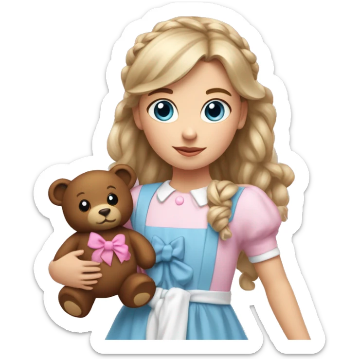 Little white girl with blue eyes and bronze hair in two ponytails with two bows. A pink pacificer in her mouth. She is wearing a pink and White dress and holding a teddybear. sticker