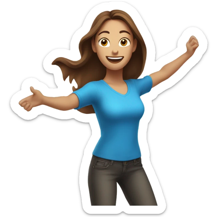 excited woman with long brown hair with arms raised above head blue eyes sticker