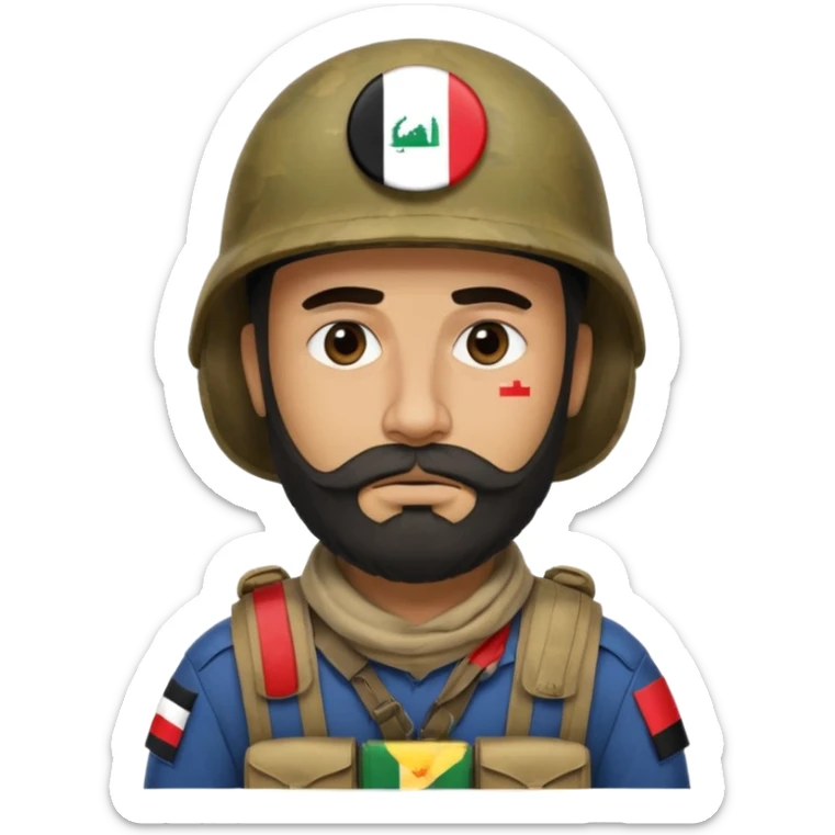 A very tired and sad, swarthy Iraqi soldier with a beard, an Iraqi flag on his helmet, a sad expression and bags under his eyes sticker