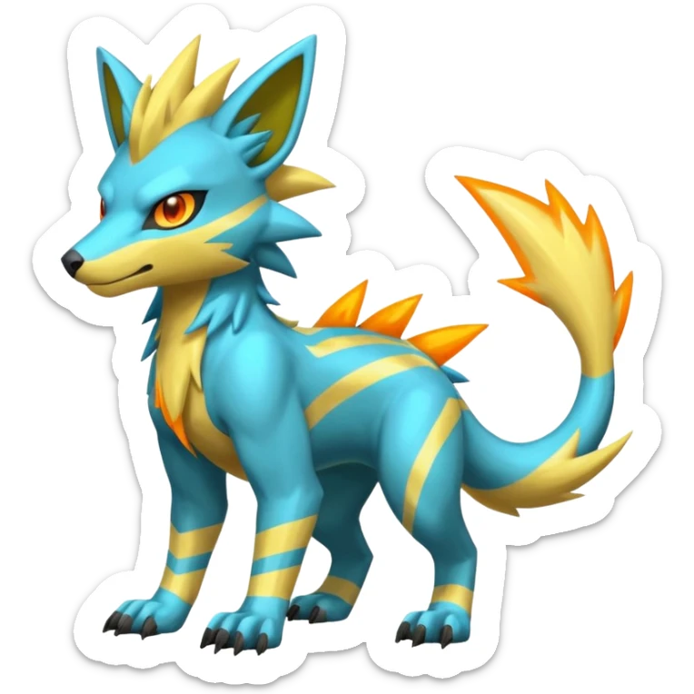 Cyan manectric-Electrike-Zeraora-fusion with neon-green stripes and orange eyes (full body) sticker