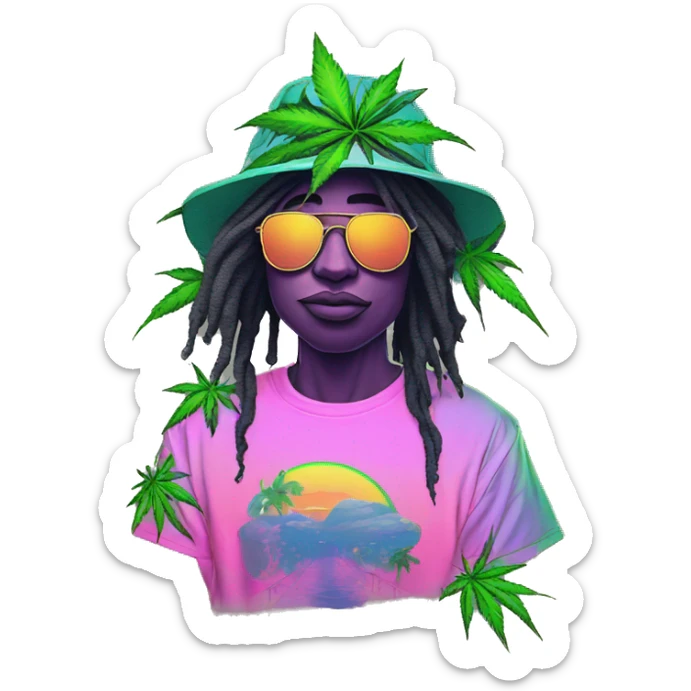 Hemp leaves Multicoloured neon person smoking wearing hoodie dancing hip hop bucket hat tropical Skater fashion aesthetic baggy clothes graphic t shirt 420 sticker