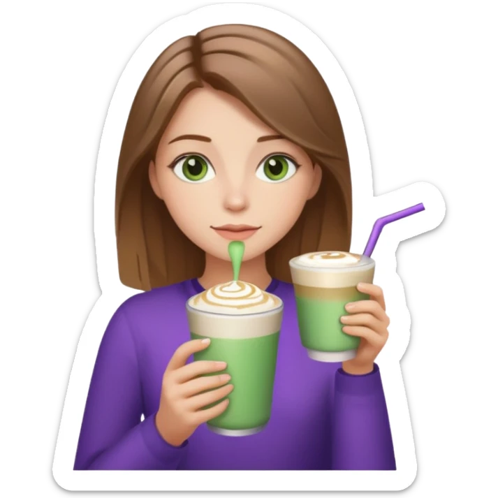 girl with brown hair blonde highlights ans green eyes drinking a lavender latte sticker