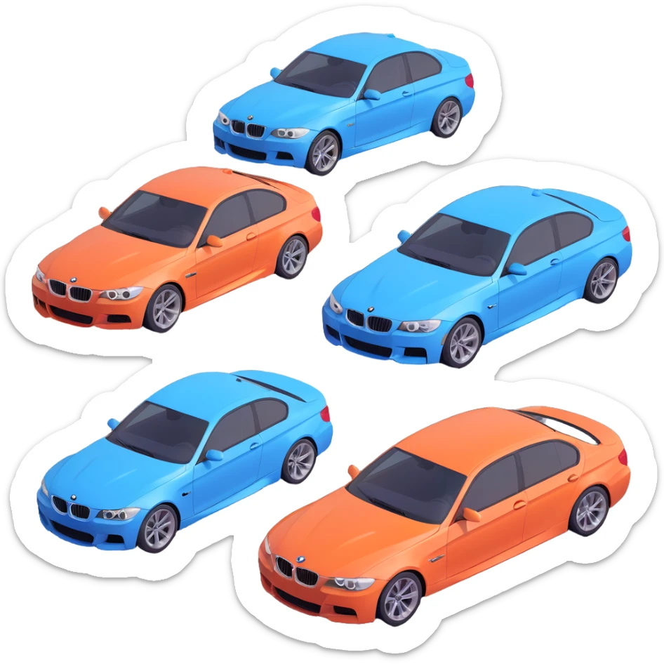 exactly four BMW cars together, detailed and stylized sticker