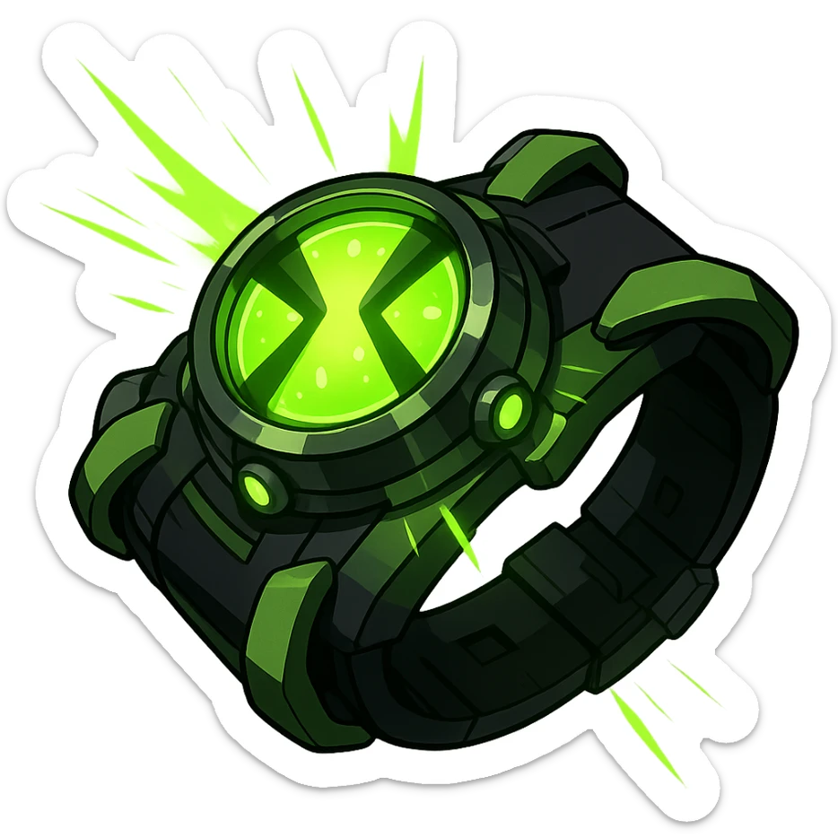 Ben 10's Omnitrix watch, detailed, green and black, glowing, dynamic pose, no text sticker