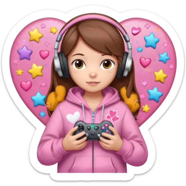 A brown-haired cartoon girl in a pink sparkly hoodie with headphones on, holding a game controller, surrounded by hearts, stars, and a puppy and kitten cuddling at her feet in chibi style  sticker