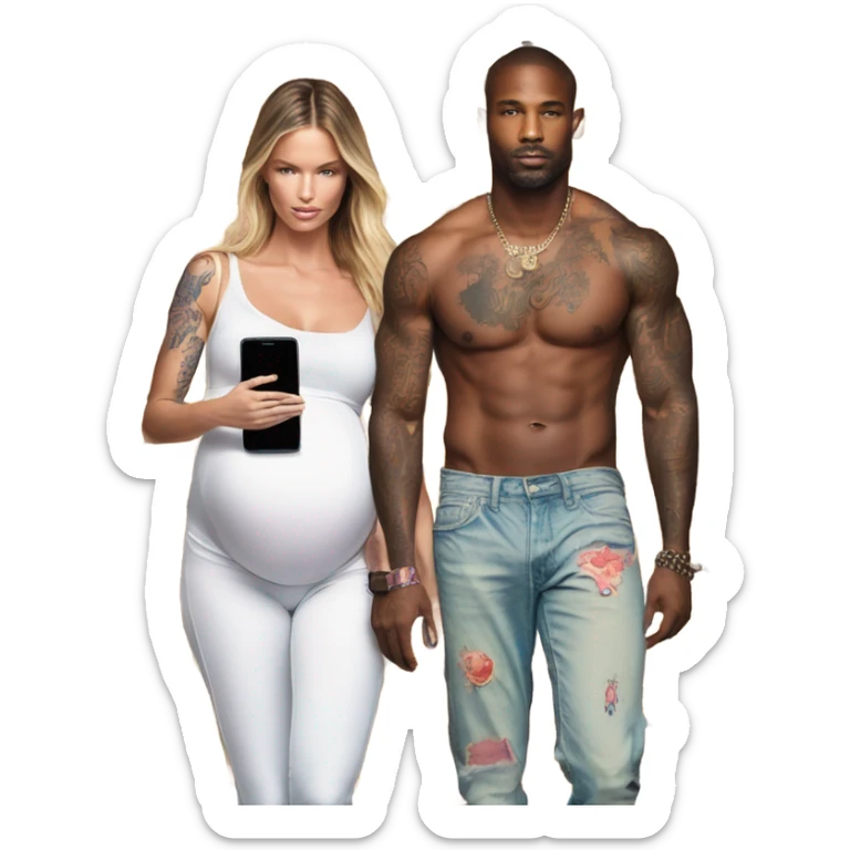 Photo of a Victoria secret model pregnant walking next to a tattooed male model on their cell phones sticker
