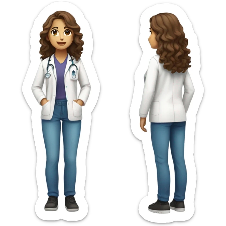 a full body medical student 20 years old girl student tan skin, brown wavy hair waist length sticker