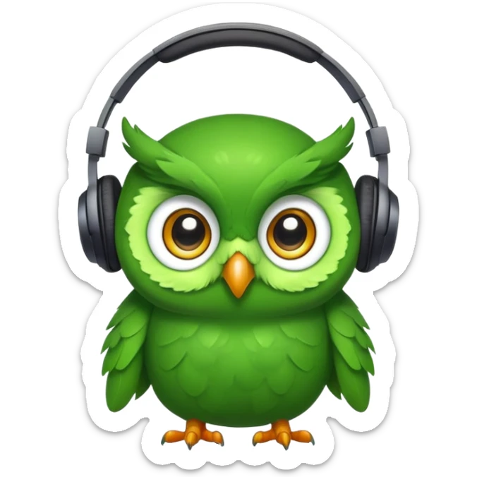 green pea wearing headphones in the style of the duolingo owl mascot with big eyes sticker