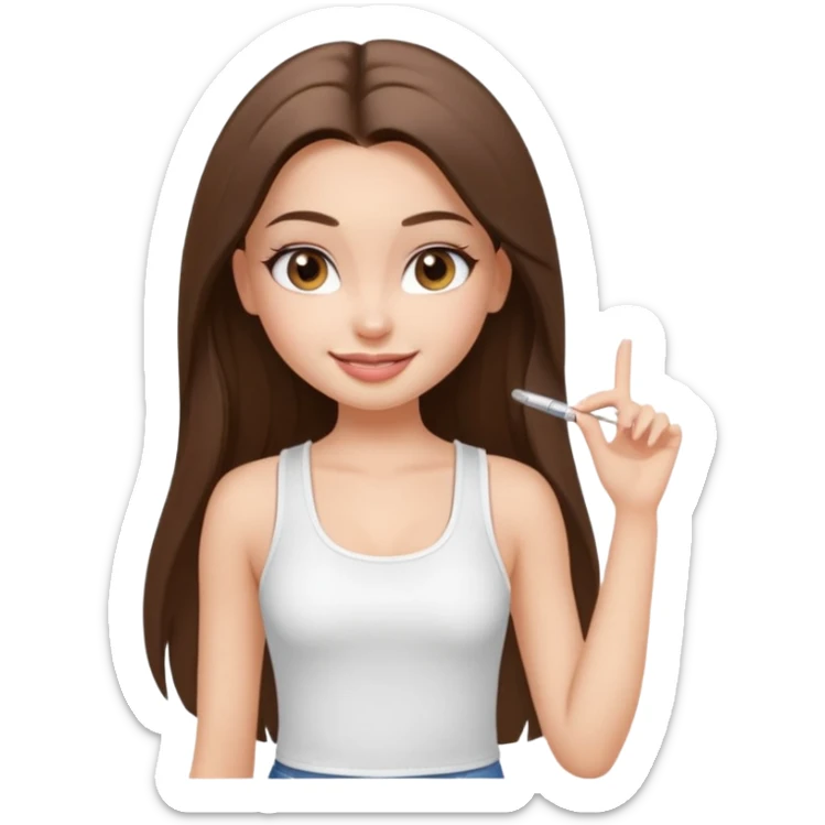 a pretty bratz fair girl with straight brunette long hair, middle partition. wearing a white thin strap trap tank top, smiling, wearing light makeup. very pretty. sticker