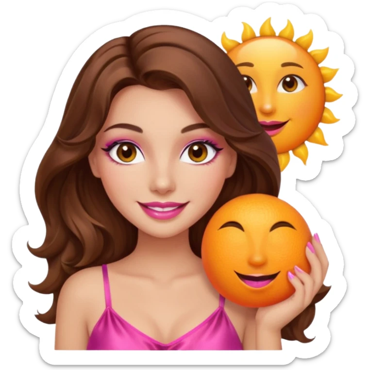 girl with long wavy brown hair, brown eyes, long lashes makeup, sexy pink lips, smiling, light to medium complexion, wearing a pink sexy silk top, holding a big sun sticker