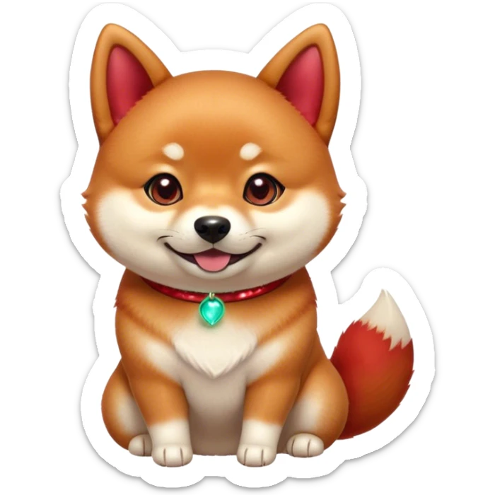 Cinematic Cute Shiba Inu Portrait Emoji, Head tilted playfully and inquisitively, featuring a rich red fur with a creamy underbelly and perky ears, round, sparkling brown eyes filled with curiosity, Simplified yet irresistibly adorable features, highly detailed, glowing with a warm, friendly glow, high shine, affectionate and lively, stylized with a touch of whimsy, bright and endearing, soft glowing outline, capturing the essence of a mischievous yet loving pup, so playful it feels like it could leap out of the screen and into your arms! sticker