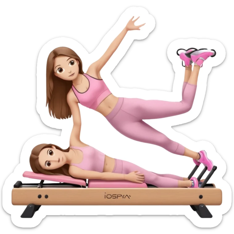 pretty caucasian teen with hazel eyes long brown hair wearing light pink workout clothes doing a plank on a pilates reformer sticker
