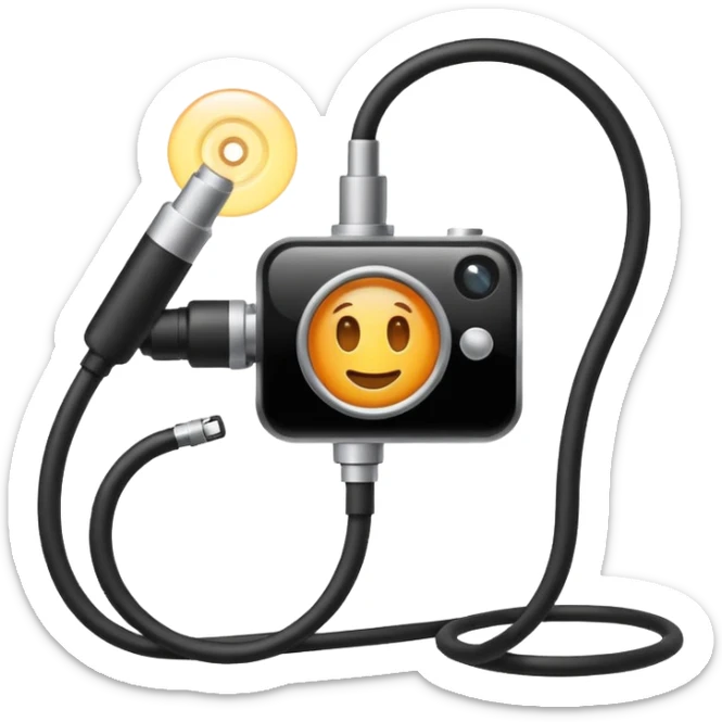 Apple emoji style icon of an endoscope. A minimalist coiled black tube ending in a glowing camera tip. Glossy, rounded sticker