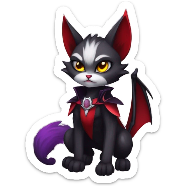 Anthro-Cute-Edgy-Cool-Vampiric-Batty-Cat-Black-Purple-Red-Grey-White-Yellow-Contrast-Colors-Fantasy-Fur-Sona-Chibi-Shiny-Fakémon-Hybrid with horns and fangs and collar full body sticker