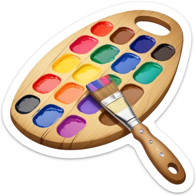 Cinematic Realistic image of a vibrant paint palette and brush, featuring a wooden palette smeared with an array of richly blended colors and a finely detailed brush with soft, delicate bristles, set against a softly textured background that evokes artistic inspiration sticker
