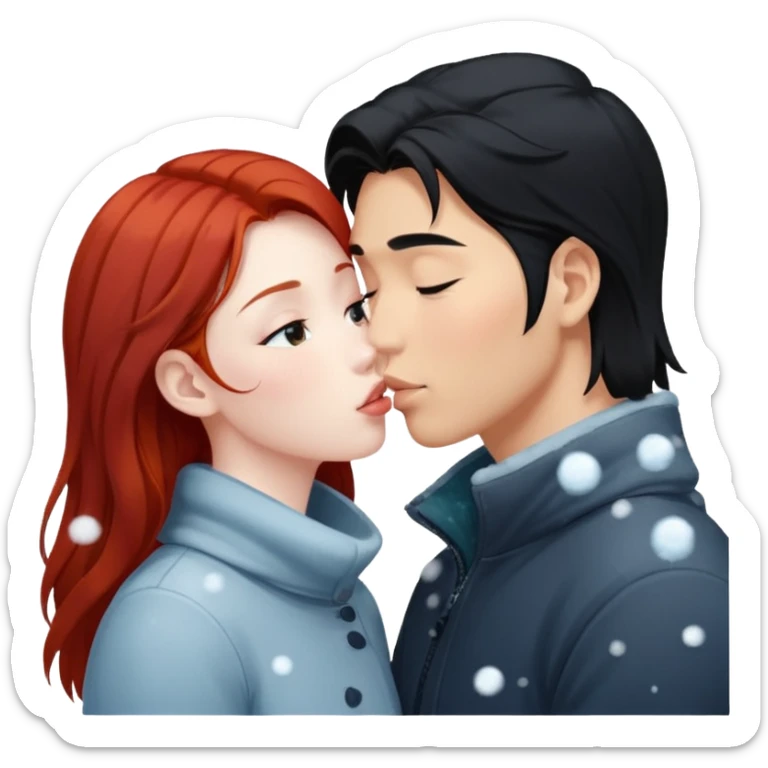long black haired asian guy kisses redhead girl in snowstorm sticker