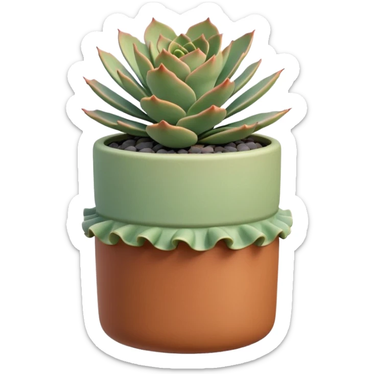 A ceramic pot in pastel caramel color, in the shape of a cylinder, the pot is tall, it has an echeveria ruffle succulent plant sticker