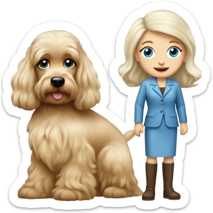 Old blue eyed blonde lady with long straight hair with dark brown Cockapoo puppy dog sticker