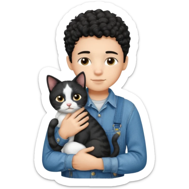 Apple emoji of a 13 year old boy with short black curly hair and dark brown eyes of light skin with denim shirt and overalls hugging a black and white cat sticker