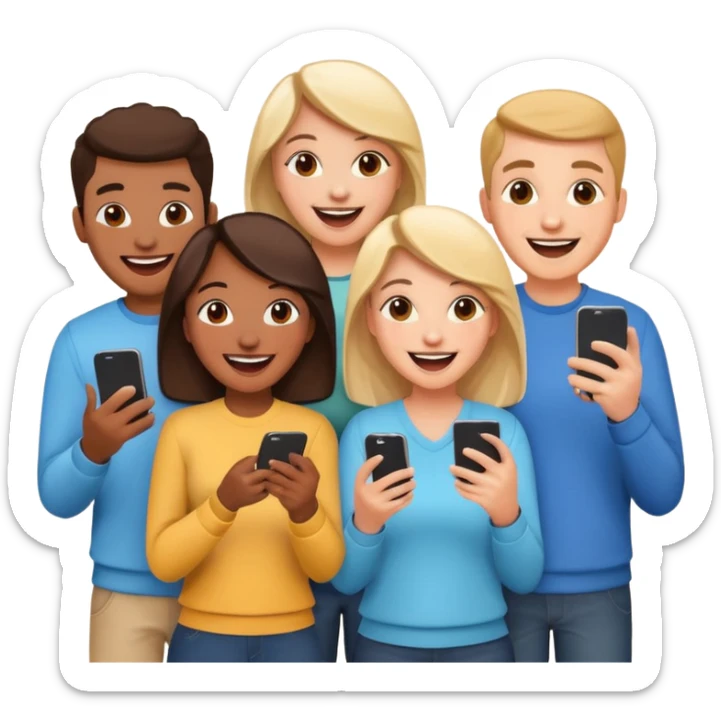 I want to generate a 3d image to show a group of friends playing a mobile trivia game sticker