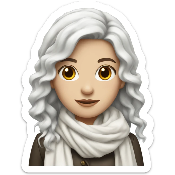 White girl with long wavy black hair and white scarf sticker