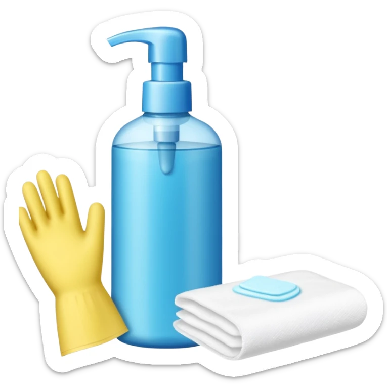 emoji of big (1L) bottle of shampoo, disposable gloves and cotton pads (for makeup) are standing on a table, products look like its always running out, and bran labels to them, make quantity bigger , and i want to see more disposable products sticker