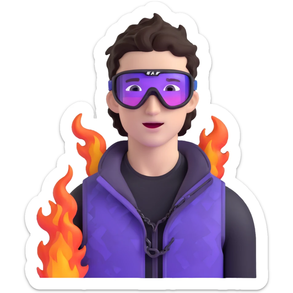 close-up of cool guy male athlete with white skin and moderately curly dark brown hair on top with shaved sides, with one purple ski goggle lens pushed up above his eyes on his forehead, sticking his tongue out of his mouth, a simple plain black chain necklace, and a completely unzipped sleeveless vest with purple and black sequin fire pattern design with no logo sticker