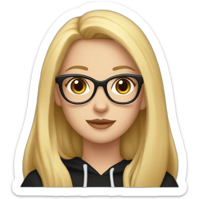 white girl with glasses and long blonde hair and black hoodie and a red doberman sticker