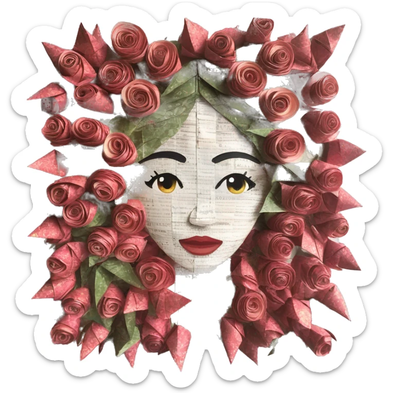  lady face made of 420 origami newspaper roses hemp leaves lantern fairy lights burning paper and hemp leaves in hair  sticker