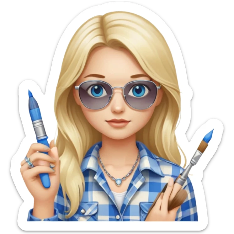 girl with long blond hair, wearing plaid shirt with blue eyes and aviator sunglasses wearing a ring on her silver necklace, holding a paintbrush roller sticker