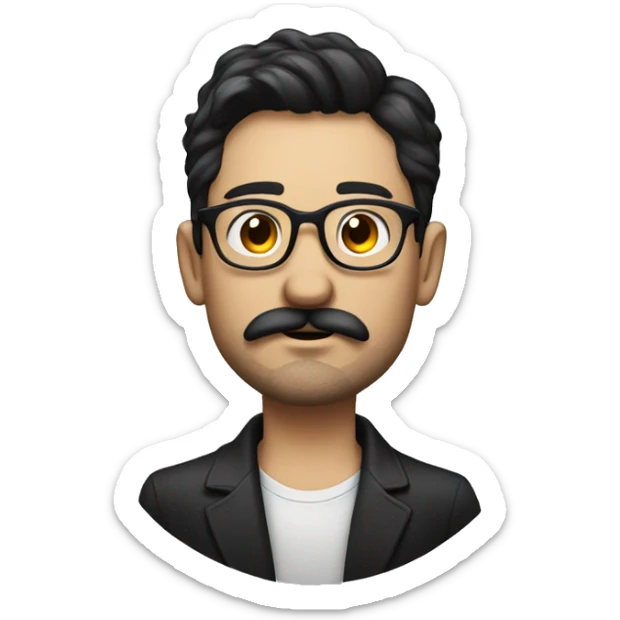 Man with dark hair, mustache and chin beard, roun glasses and cigarett sticker